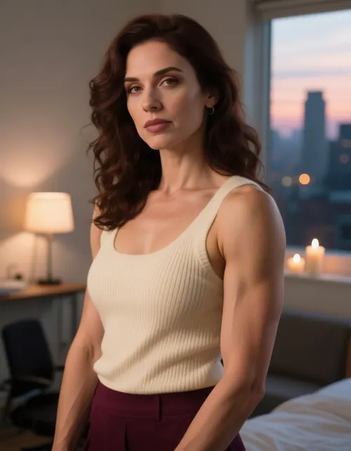 A woman in a knit top smiling in a home-office setting.
