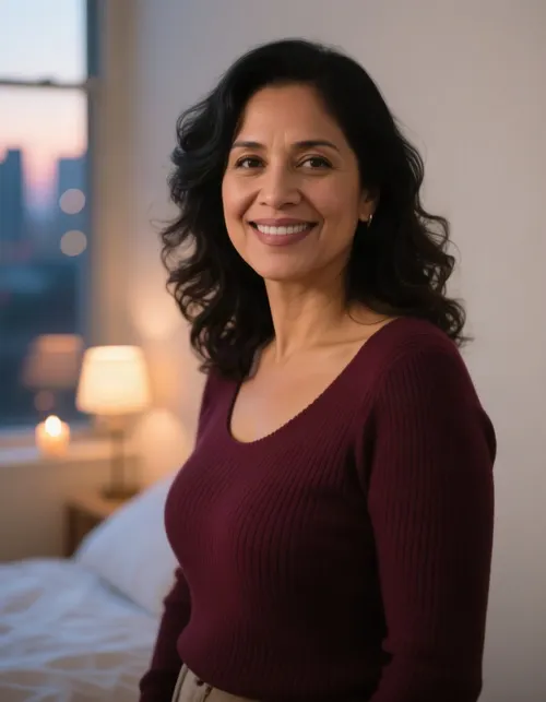 A woman with wavy hair poses for a clean headshot in soft natural light.