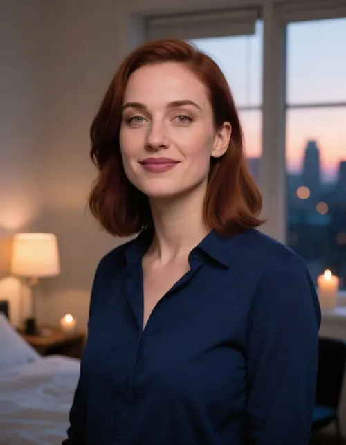 A smiling woman in a smart-casual blouse against a neutral backdrop.