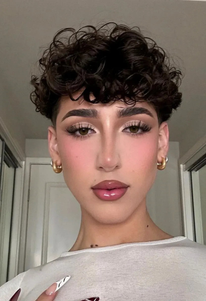 Person with short curly dark hair taking a close-up selfie in a white top and hoop earrings.