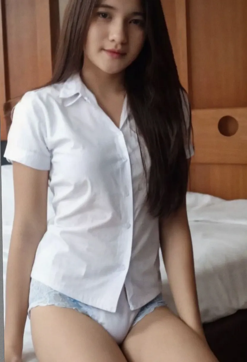 Young woman with long dark hair seated on a bed wearing a white button-up blouse in a bedroom.